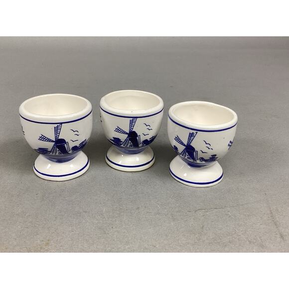 Delft Blue Porcelain Egg Cups Handpainted Windmills & Floral - Set of 3 - Picture 1 of 16